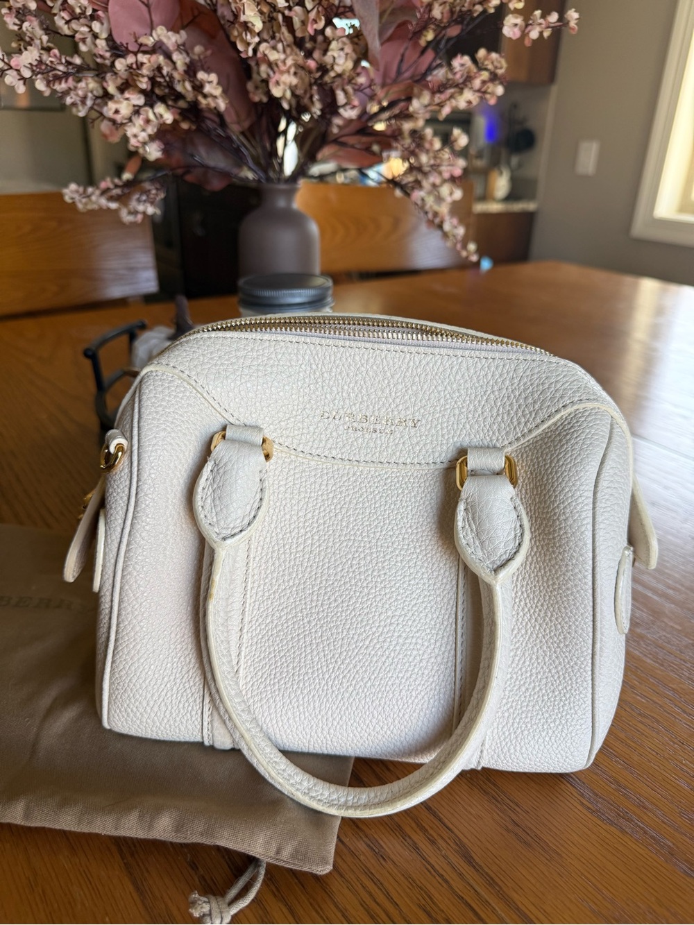 Burberry Cream Pebbled Leather Satchel with Gold Hardware